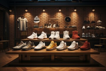 Modern sneaker display showcasing a variety of stylish shoes in a trendy retail environment.