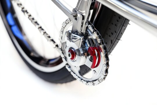 A detailed view of a bike's front wheel, ideal for use in articles about cycling or close-ups