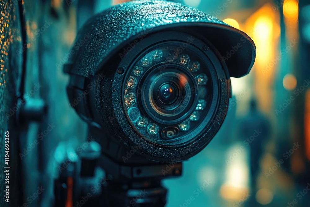 Poster a close-up shot of a camera with a blurred background, perfect for illustrating photography or techn