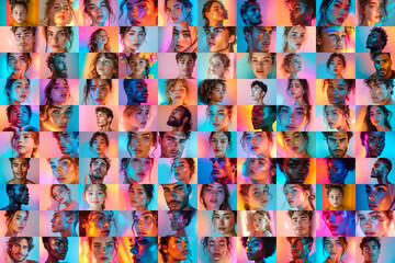 Colorful collage of illuminated portraits showcasing diverse individuals