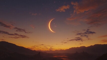 Crescent Moon Over Sunset Mountains Landscape
