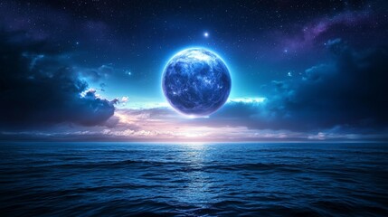 A Stunning Celestial Sphere Glowing Tranquilly Above a Serene Ocean at Dusk, Illuminating the Night Sky and Creating a Dreamlike Atmosphere