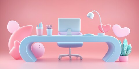 A pastel-themed workspace featuring a blue desk, computer, lamp, and playful decor elements like hearts and plants, creating a cheerful atmosphere.