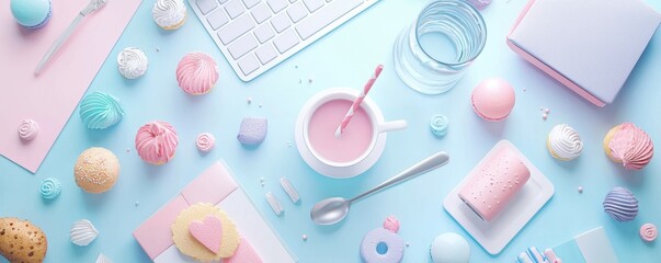 A flat lay of pastel-colored treats and stationery, featuring a pink cup, cookies, and a keyboard on a blue surface.