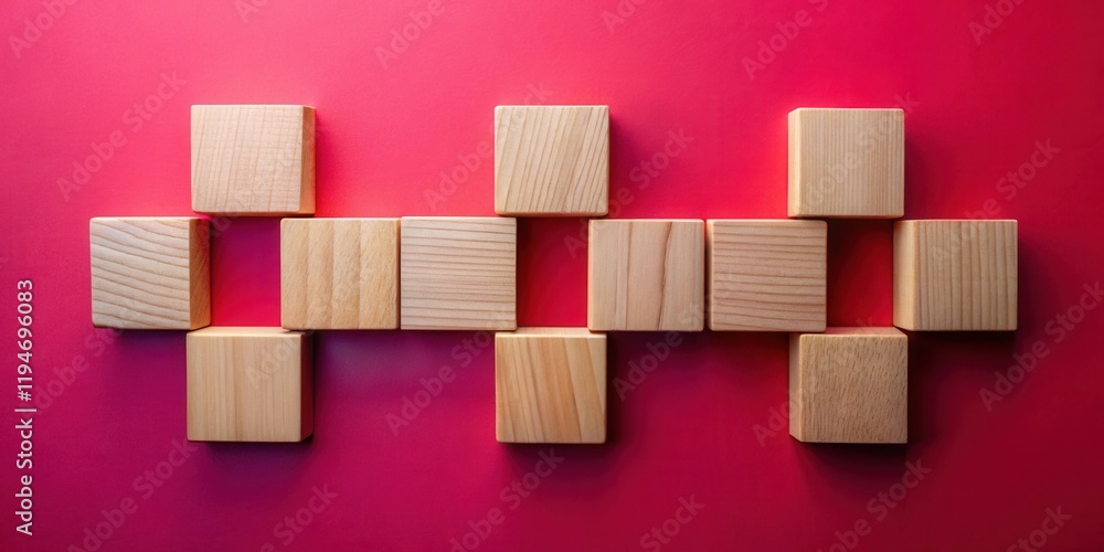 Aufkleber wooden blocks arranged in a geometric pattern on a vibrant red background