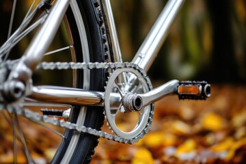A close-up image of a bike chain, with a bike in the background