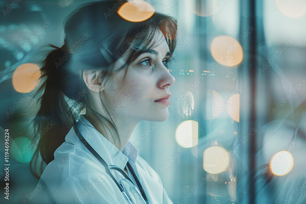 Poster a double exposure image of a hospital worker in laboratory generative ai