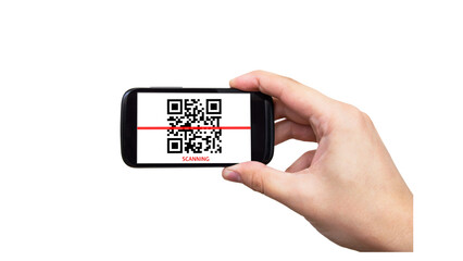 QR code scanning via hand-held mobile phone, transparent background