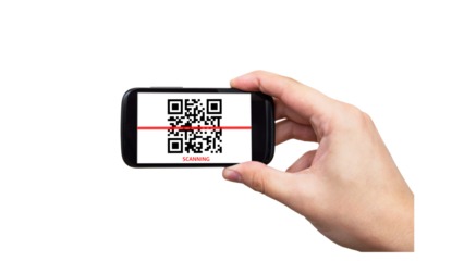 QR code scanning via hand-held mobile phone, transparent background