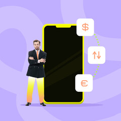Modern artwork. Man in suit crossing arms, standing next to oversized phone with finance icons, symbolizing modern banking solutions, against purple background. Concept of business and banking. Ad