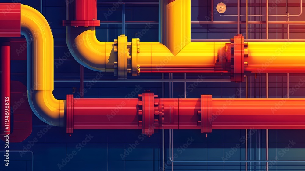 Poster a red and yellow pipe with yellow and red markings. the pipe is bent and twisted. the image has a fu