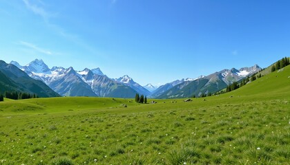 Obraz premium Vast Field with Grass, White Flowers, and Stones Under a Blue Sky, Fir Trees and Snow-Capped Mountains in the Distance on a Sunny Summer Day