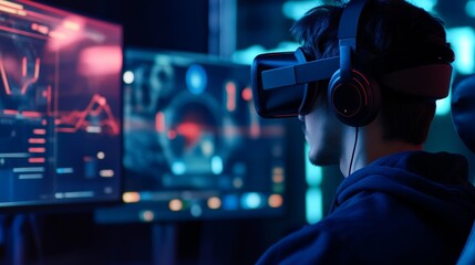 A gamer participating in virtual reality esports tournaments with global competitors, Virtual competition scene, Futuristic style
