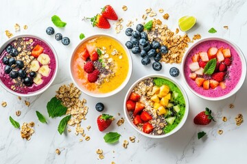 Four vibrant smoothie bowls topped with fresh fruit, granola, and chia seeds, a healthy and delicious breakfast or snack.