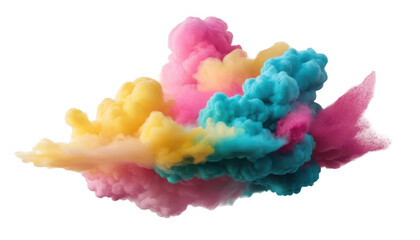 Fototapeta premium A burst of yellow, pink, and turquoise powder floating into the air, forming a cloud of vibrant color, isolated on a white transparent background PNG