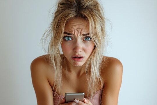 A woman is taken aback while talking on the phone, conveying surprise and concern