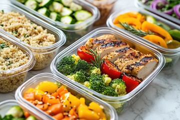 Healthy meal prep containers with grilled chicken, quinoa, broccoli, and roasted vegetables.