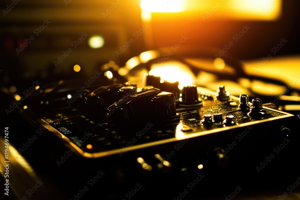 Poster a detailed view of a sound board on a table