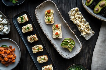 Gourmet appetizers featuring canaps with various toppings, avocado toast, popcorn, and candied carrots.