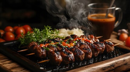 Grilled meat skewers with herbs and iced beverage.