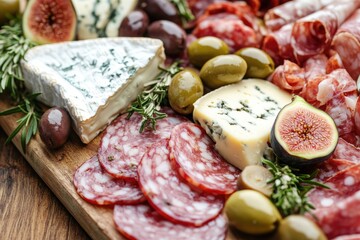 A delectable charcuterie board featuring various cheeses, salami, figs, olives, and rosemary.