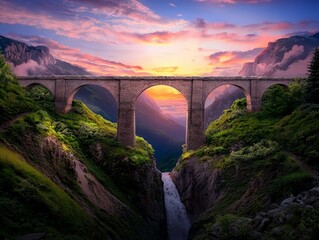 Majestic Arched Stone Bridge over a Breathtaking Landscape with Cascading Waterfalls and Vibrant Sunset Sky
