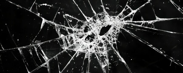 shattered glass, broken window, clear fragments, hole, black background, damage, sharp edges, dramatic effect, destruction, safety concerns, texture, contrast, visual impact, accident