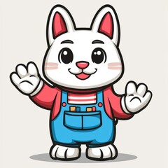 Fototapeta premium Adorable Cartoon Bunny Wearing Blue Overalls Waves