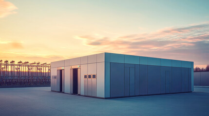 Innovative energy storage park with modern substation equipment at sunset revealing a sleek power grid station