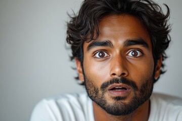 Obraz premium A close-up shot of a person with a surprised look on their face, perfect for conveying shock or surprise in various contexts