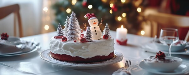 A Christmas cake with frosted trees and snowman decorations on a festive table, 4K photo.