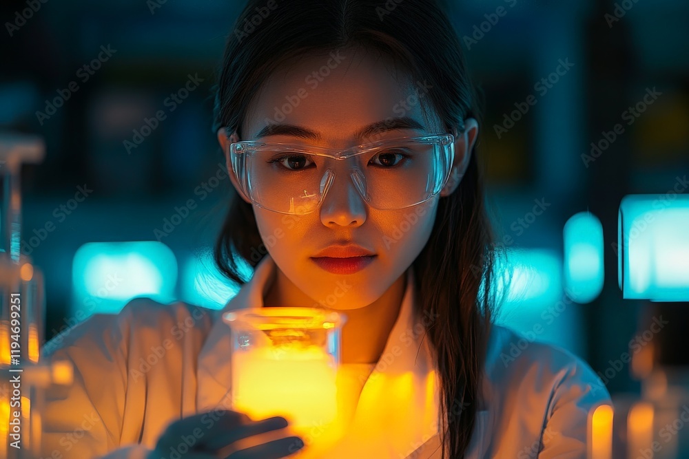 Poster intently watching a glowing substance in a beaker, a lab researcher wearing goggles demonstrates cur