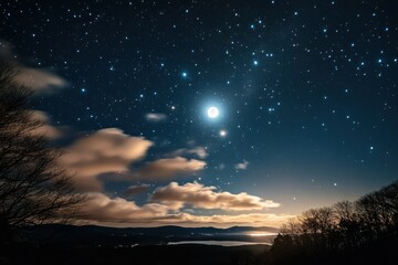 Starry sky with a glowing moon and dramatic clouds over a mountain landscape at night