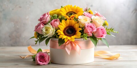 Fototapeta premium A delightful arrangement of sunflowers and roses in a hatbox