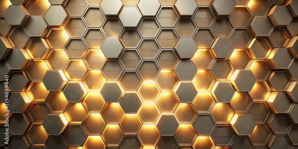 Poster Illuminated Hexagonal Grid Abstract Golden Geometric Pattern with Warm Backlighting