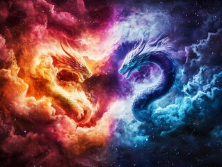 Celestial Dragons Composed of Light and Stardust Twisting in a Cosmic Dance Amidst Vibrant Nebulae and Starry Skies, Capturing the Essence of Fantasy and Imagination