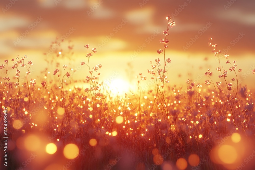 Poster an enchanting twilight scene showcasing a field adorned with ethereal glowing lights as the sun sets