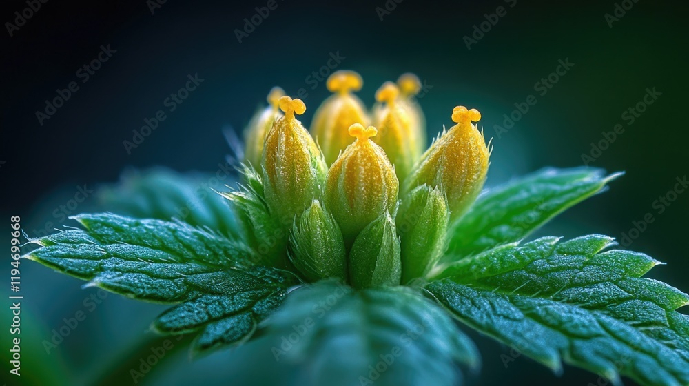 Poster a detailed image of a bright yellow flower with green leaves, ideal for use in illustrations or desi