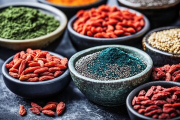 Fototapeta premium Assortment of superfoods in bowls, including goji berries, chia seeds, spirulina, and matcha.
