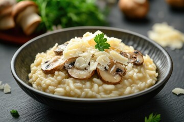 Creamy mushroom risotto garnished with parmesan cheese and parsley in a dark bowl.