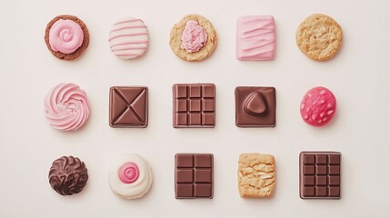 Oatmeal cookies, chocolate bars, pink tones, pure white background