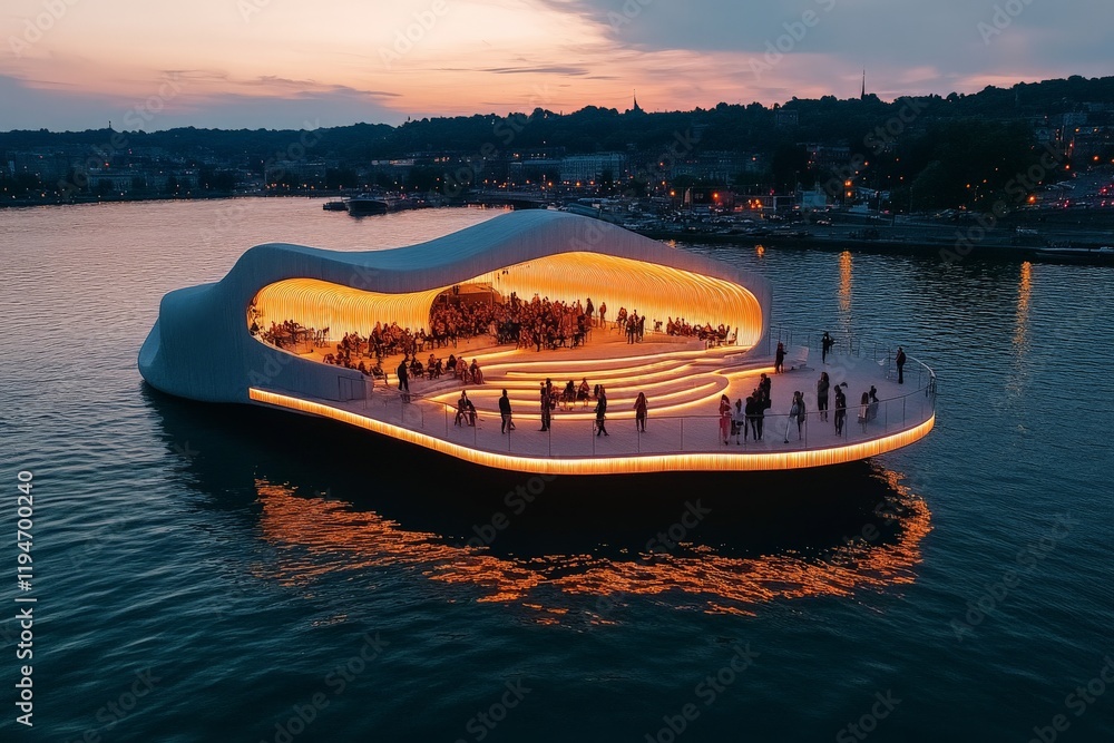 Poster a uniquely designed, brightly illuminated venue glows on calm, evening waterfront, showcasing modern