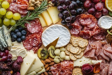 A delectable charcuterie board featuring various cheeses, salami, grapes, crackers, and nuts.