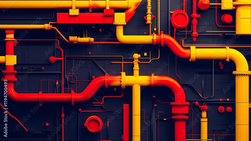 Poster a close up of a red and yellow pipe with a black background. the pipes are connected to each other a