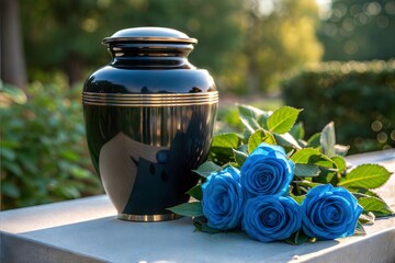 Memorial urn with blue roses in serene outdoor setting, tribute and remembrance theme