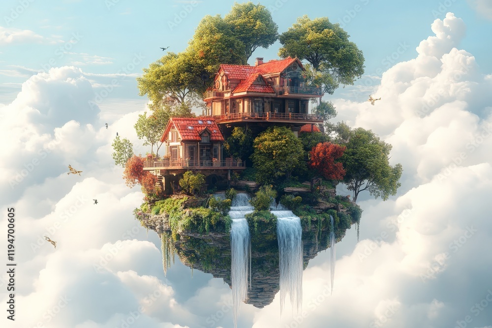 Poster a charming rustic house set on a floating island adorned with cascading waterfalls, drifting among c