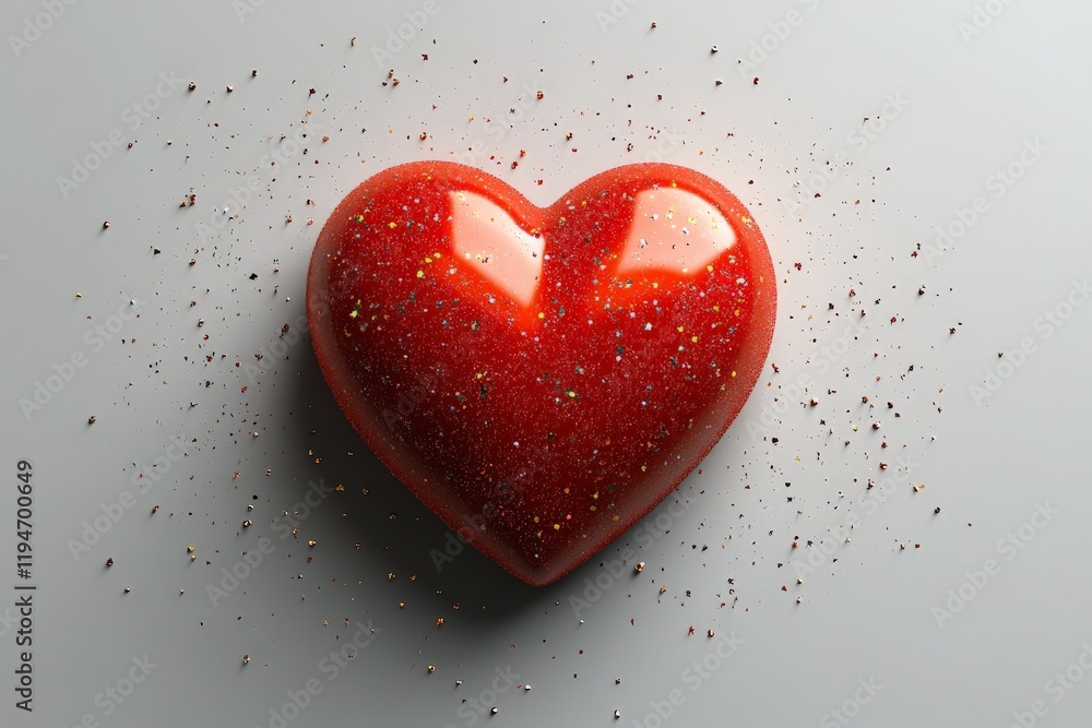 Aufkleber a shiny red heart rests on a flat, grey background, surrounded by scattered, tiny shimmering particl