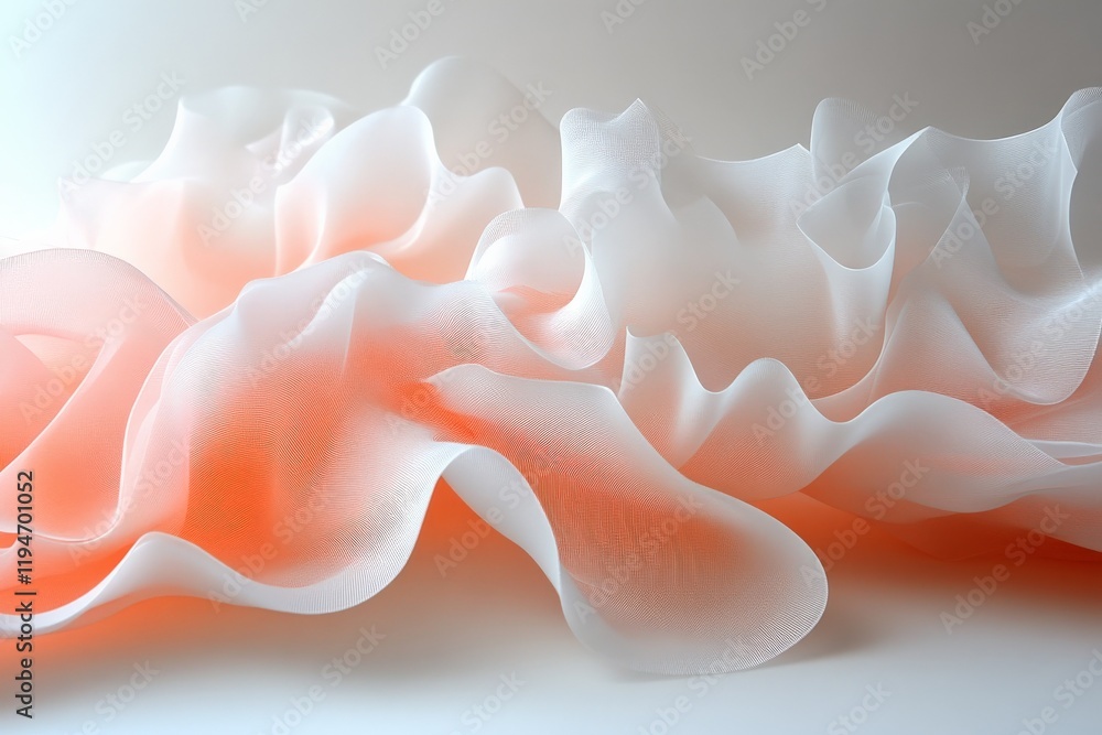 Poster artistic display of abstract white and orange translucent fabric forming gentle, flowing waves, crea
