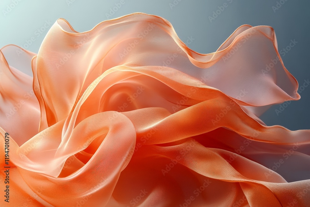 Poster a stunning capture of waves of beautiful orange chiffon fabric, with delicate transparency, presenti