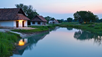 Fototapeta premium Tranquil Village by the River at Sunset